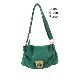 Aldo Emerald Green Genuine Leather Shoulder Bag Turn Lock Slouchy Hobo Purse